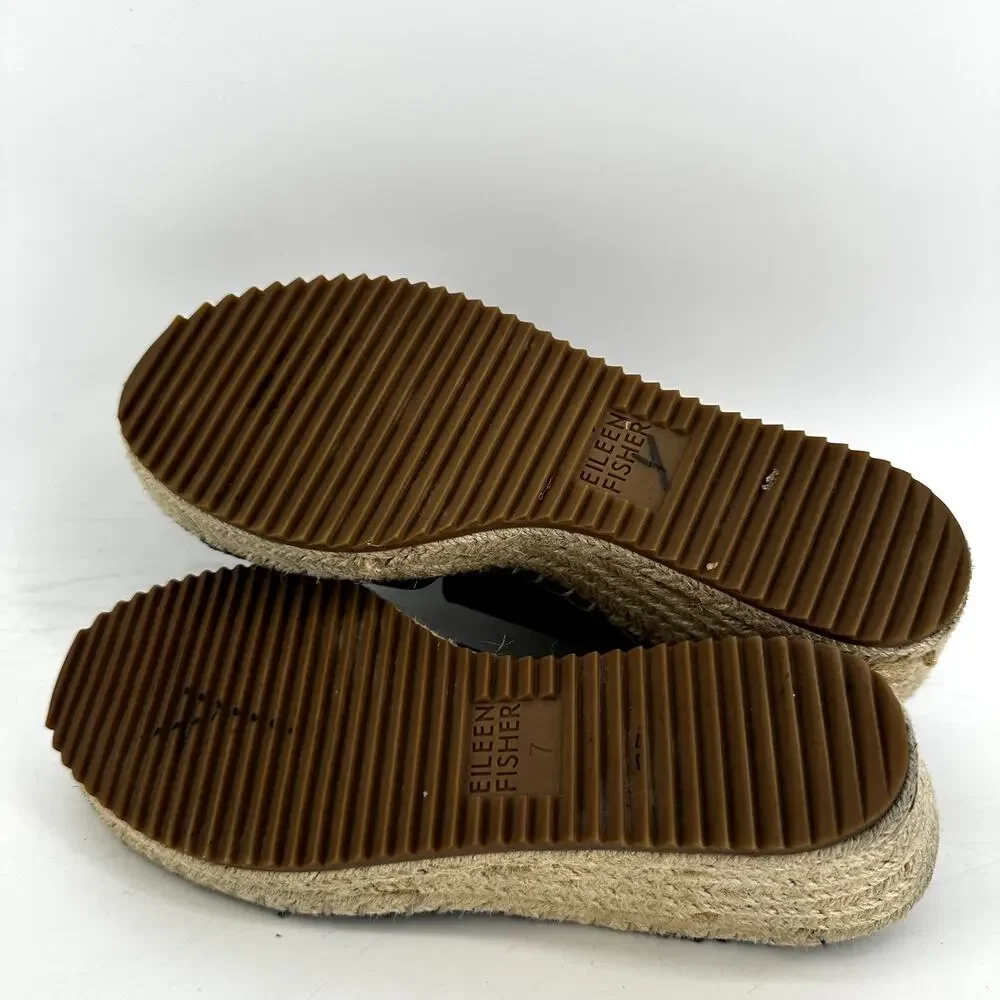 Eileen Fisher Willow Espadrille Sandals Wedge Strappy Tumbled Leather Black 7